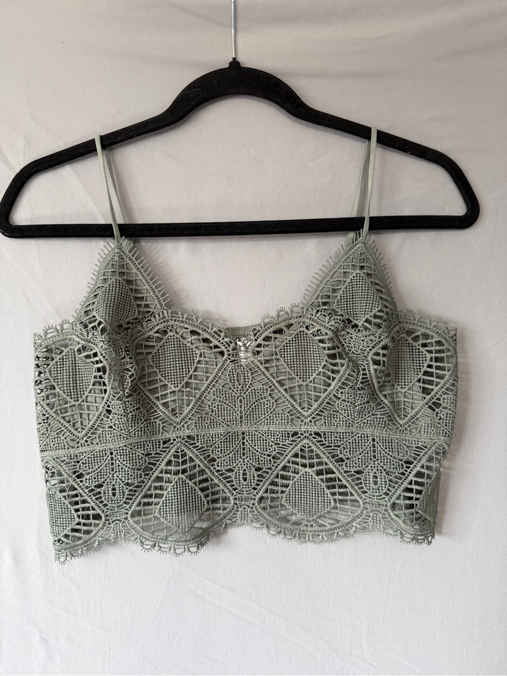 Wishlist Womens Boho Lace Crochet Cropped Cami Top Size L Sage Green Festival